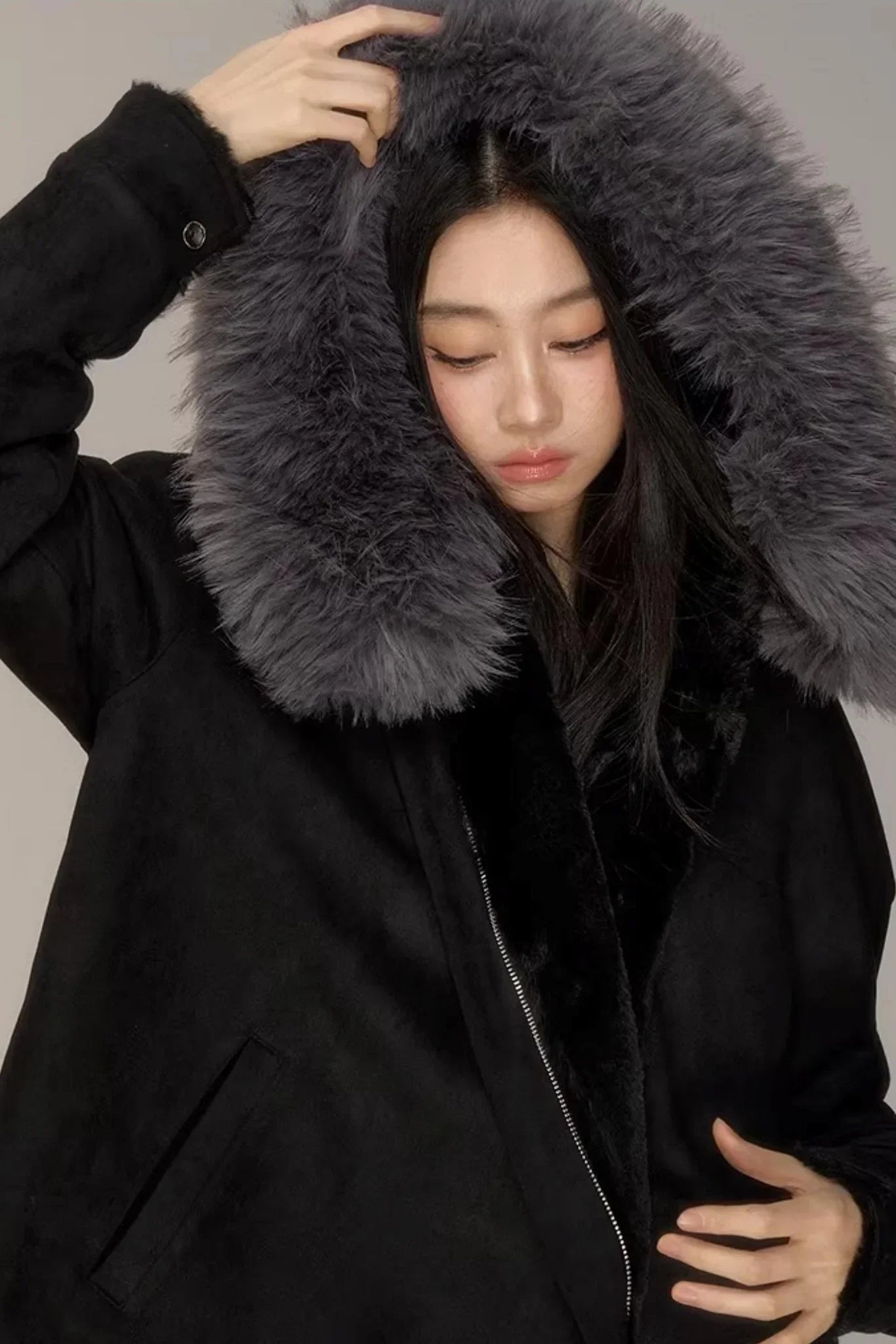 Black Suede Fur Collar Jacket