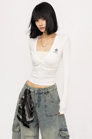 Black V-Neck Long-Sleeved Slim Top