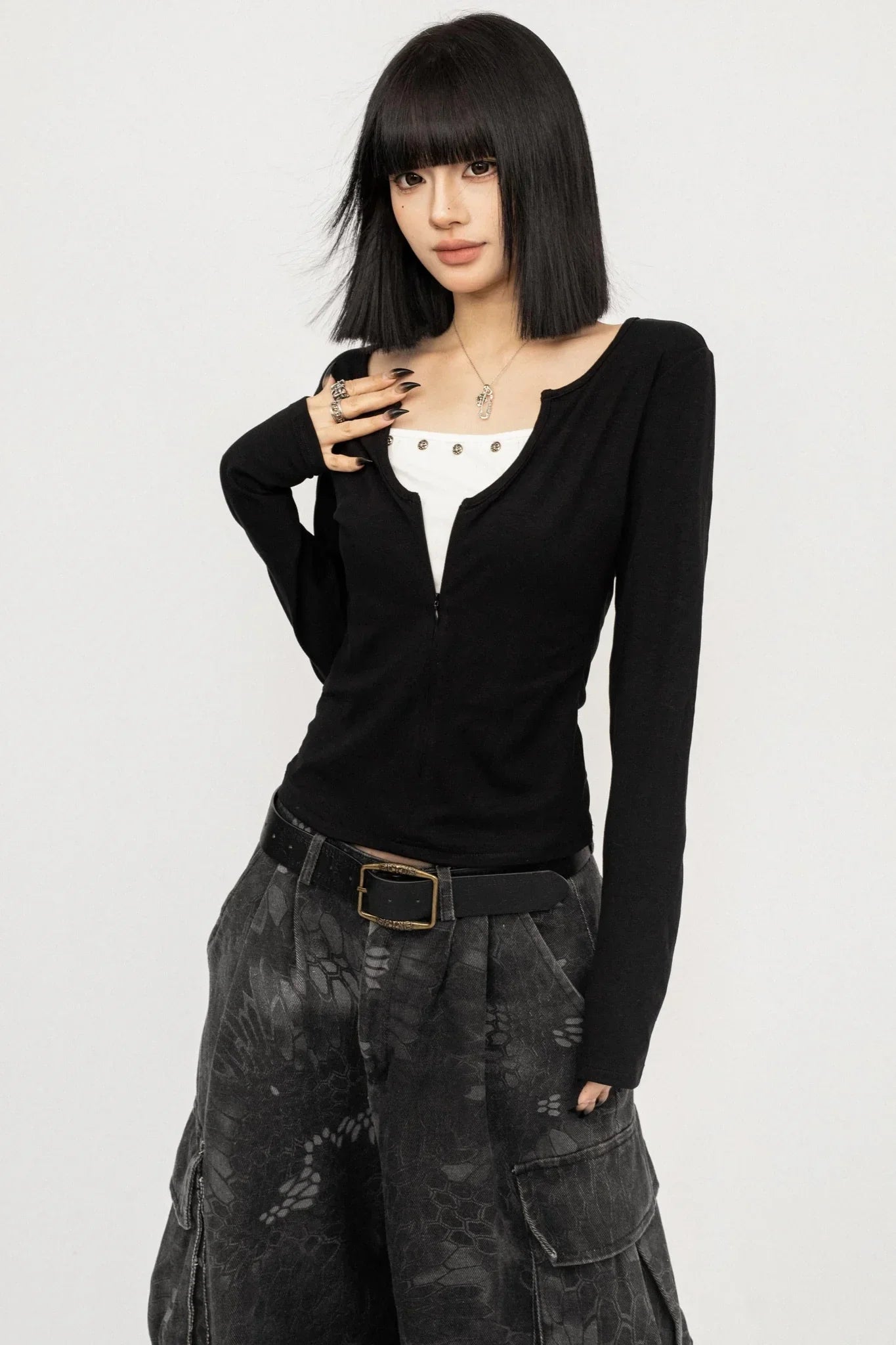 Black V-Neck Two-Piece Top