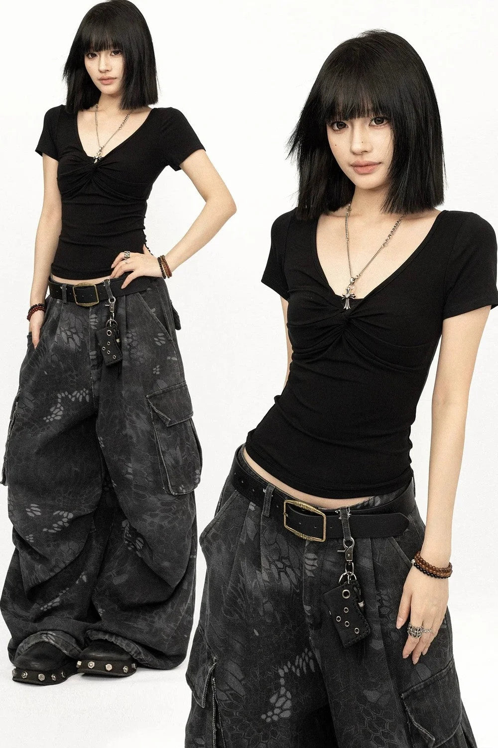 Black V-Neck Y2K Top