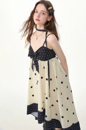 Black White Polka Dot Bow Suspender Dress