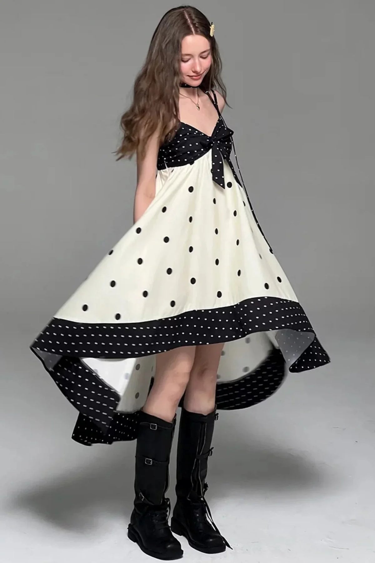 Black White Polka Dot Bow Suspender Dress