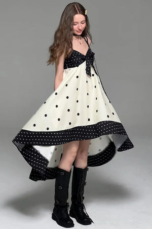 Black White Polka Dot Bow Suspender Dress