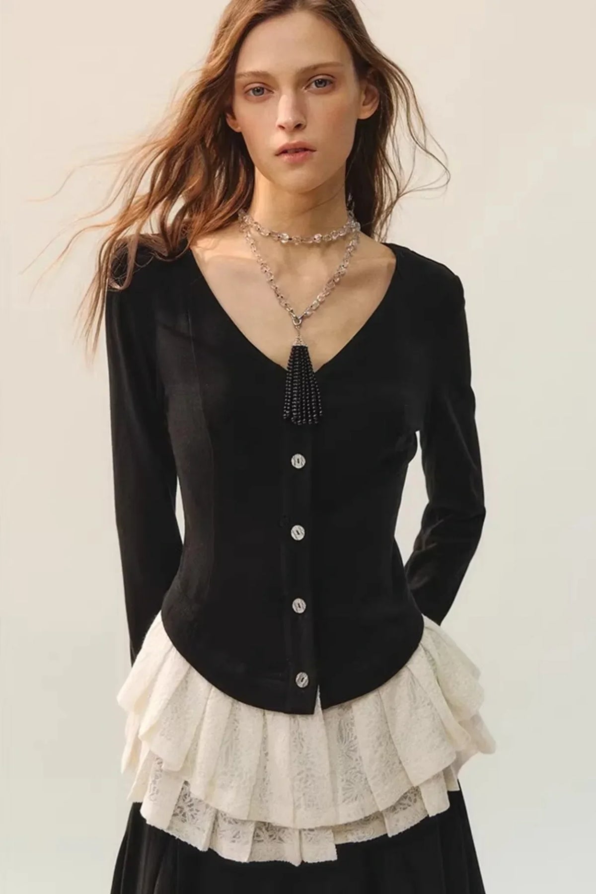 Black Wool Lace Top & Skirt Set-Up