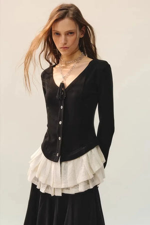 Black Wool Lace Top & Skirt Set-Up