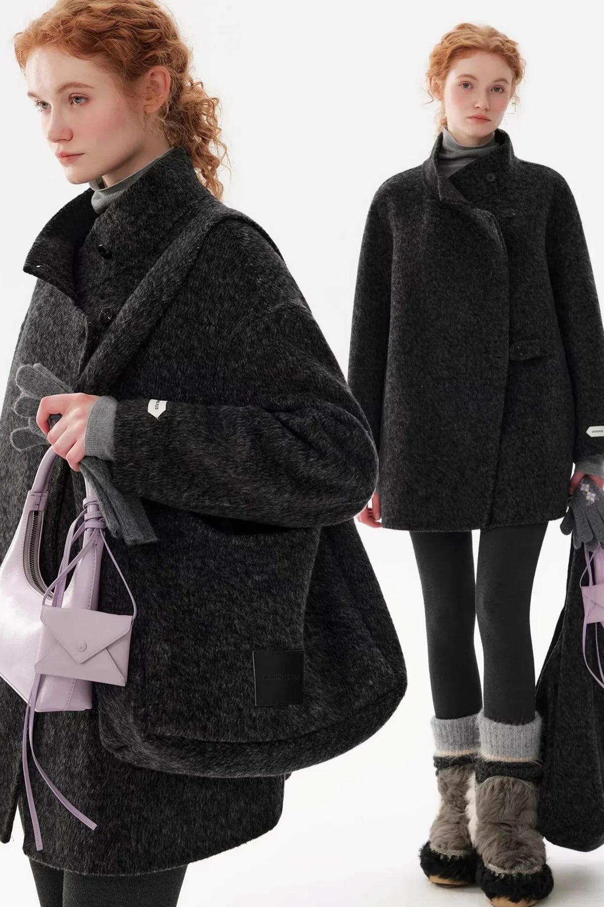 Black Wool Stand Collar Coat