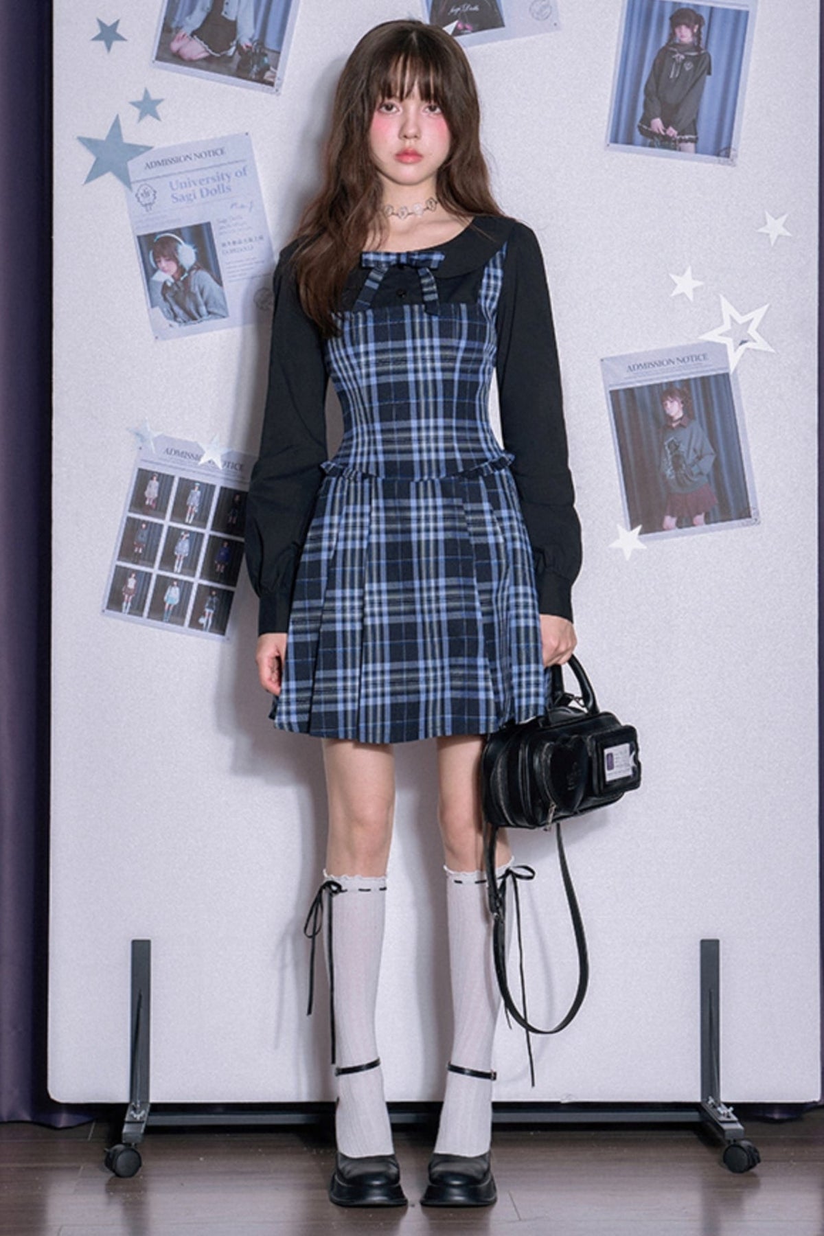 Blue and Black Plaid Fake Two-Piece Dress
