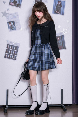 Blue and Black Plaid Fake Two-Piece Dress