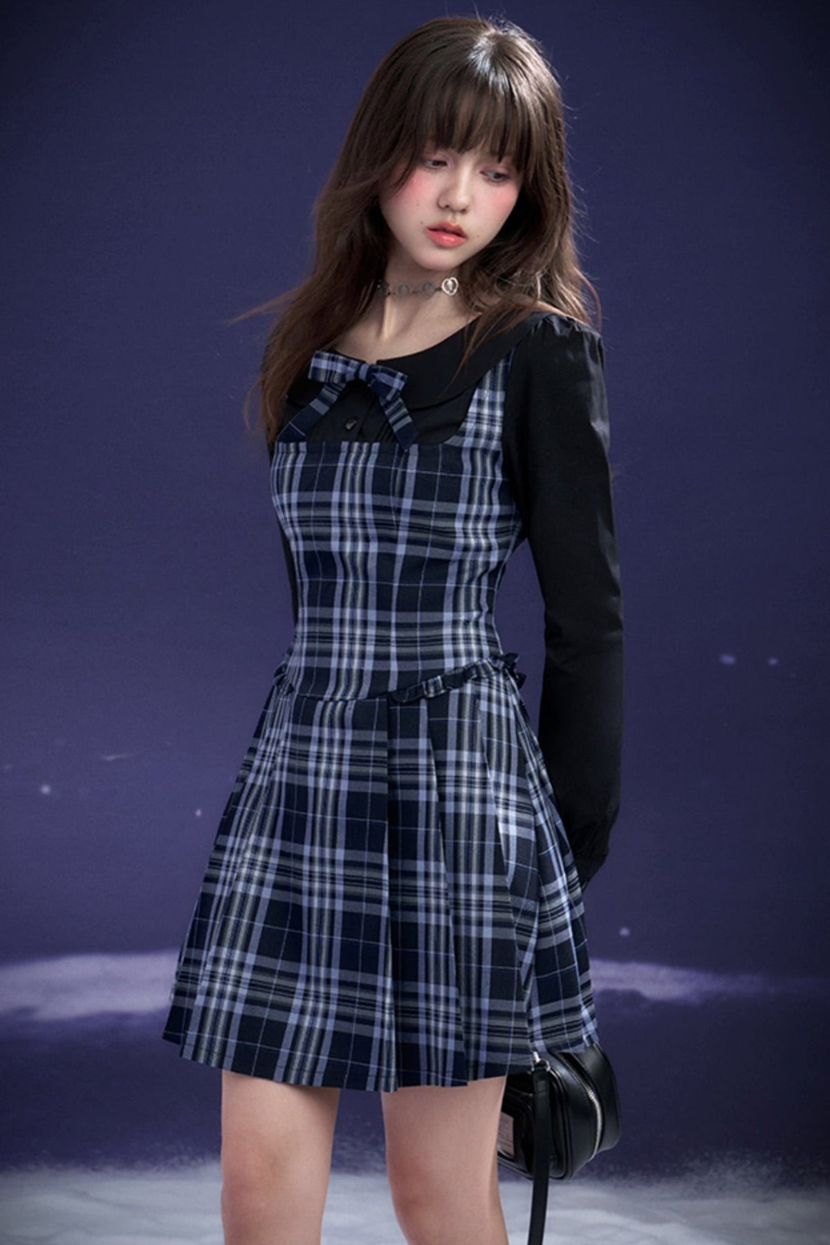 Blue and Black Plaid Fake Two-Piece Dress