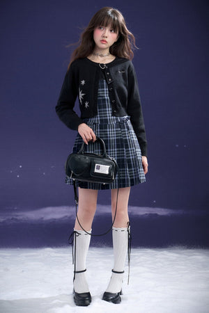 Blue and Black Plaid Fake Two-Piece Dress