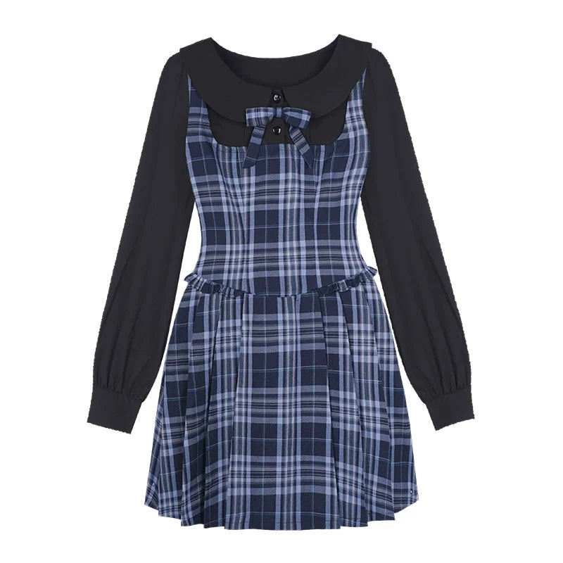 Blue and Black Plaid Fake Two-Piece Dress