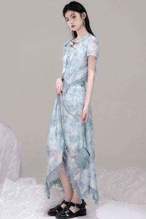 Blue Bow Waist Skirt Set-Up