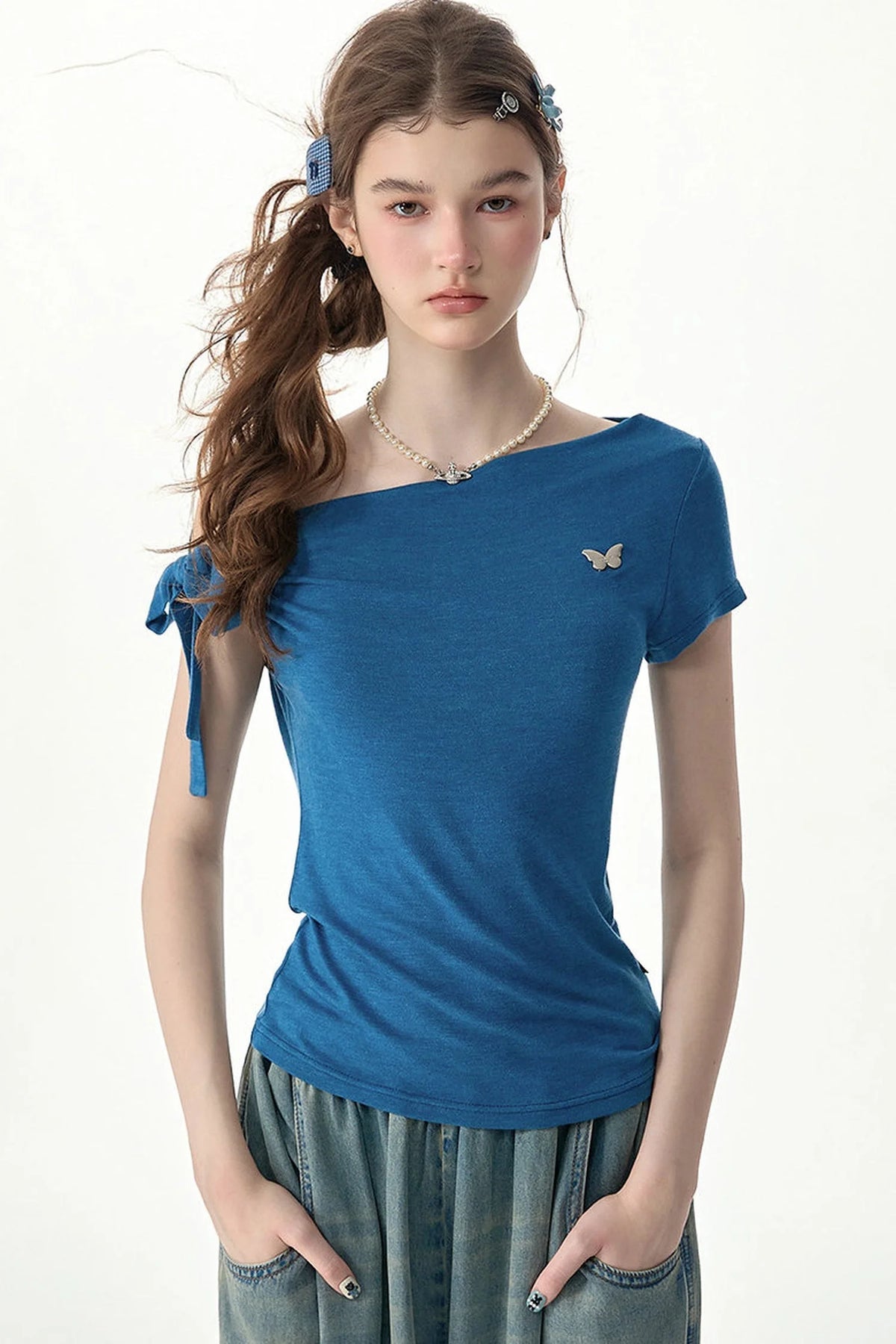 Blue Butterfly Off-Shoulder Short-Sleeve Top