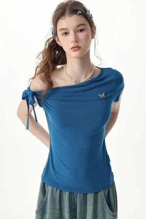 Blue Butterfly Off-Shoulder Short-Sleeve Top