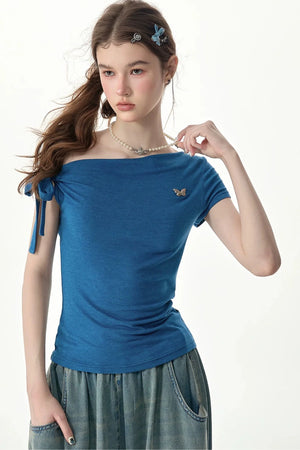 Blue Butterfly Off-Shoulder Short-Sleeve Top