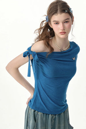 Blue Butterfly Off-Shoulder Short-Sleeve Top