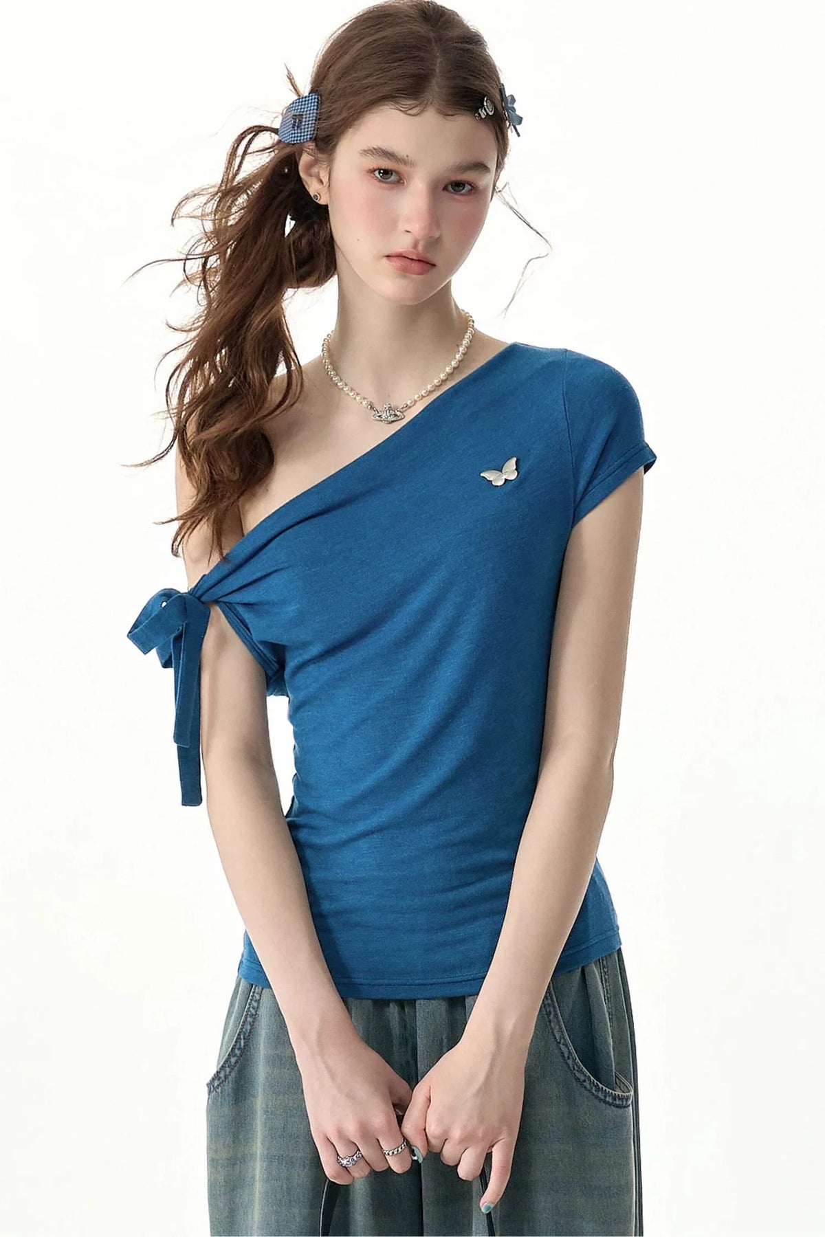 Blue Butterfly Off-Shoulder Short-Sleeve Top