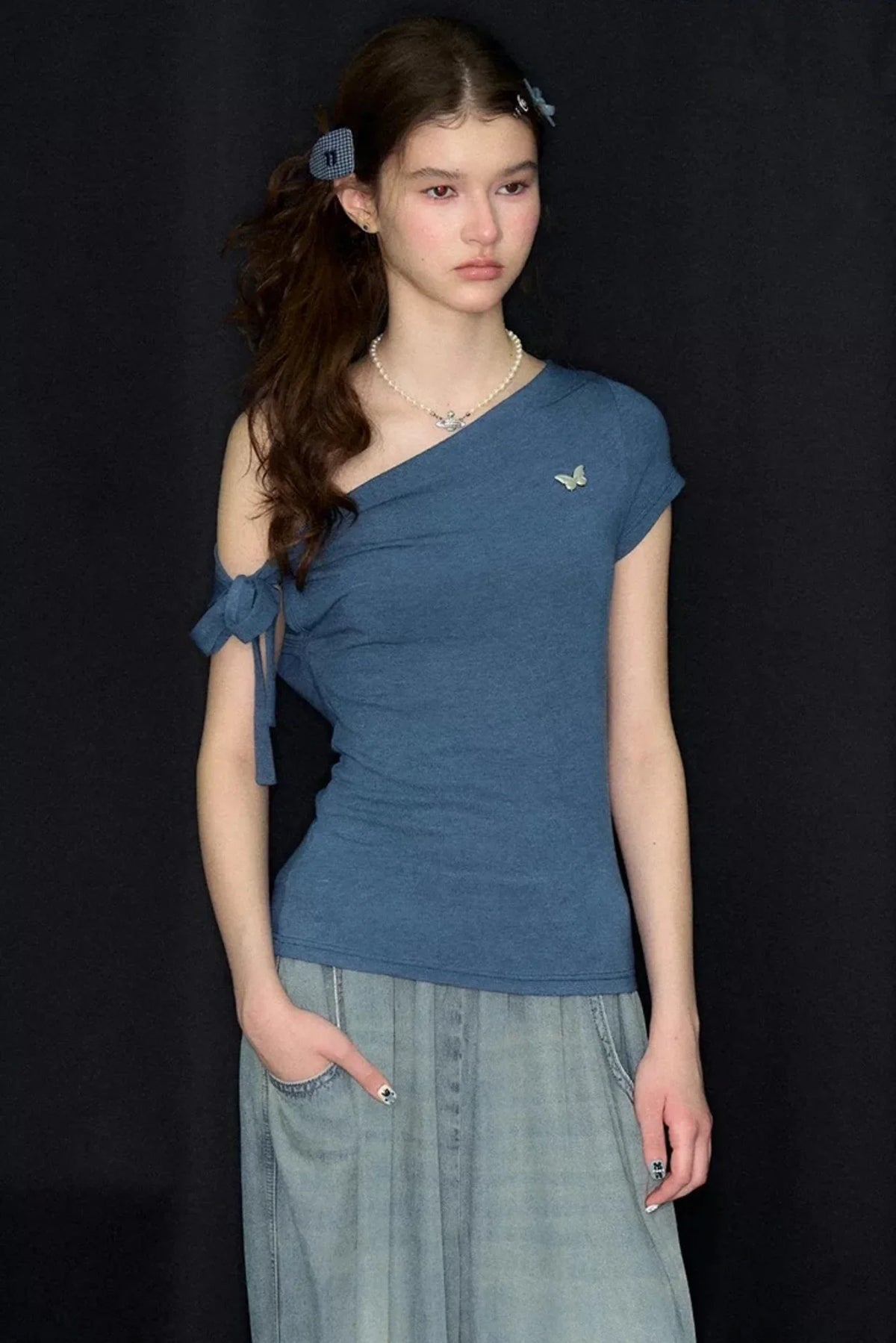 Blue Butterfly Off-Shoulder Short-Sleeve Top