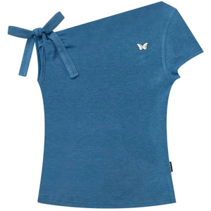 Blue Butterfly Off-Shoulder Short-Sleeve Top