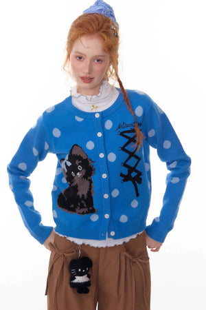 Blue Cat Polka Dot Knitted Cardigan