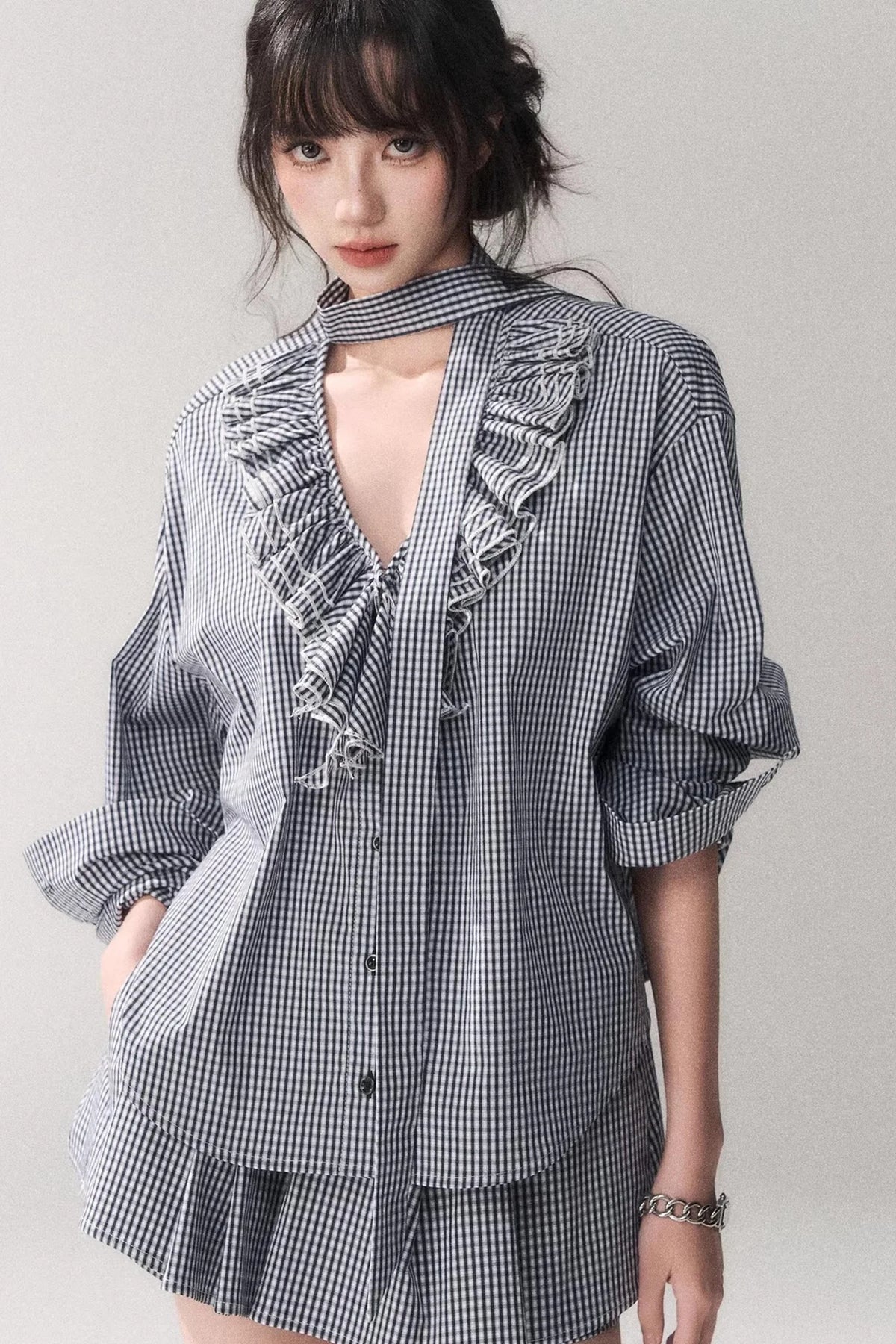 Blue Check Lace Shirt Set-Up