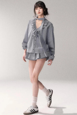Blue Check Lace Shirt Set-Up
