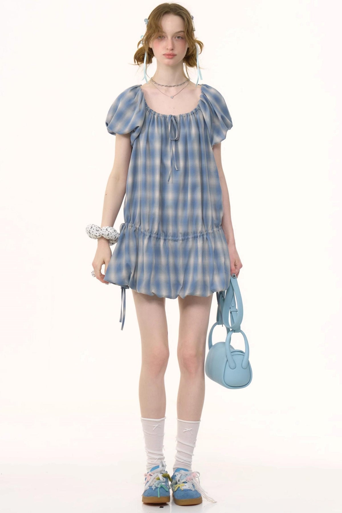 Blue Check Puff Sleeve Dress