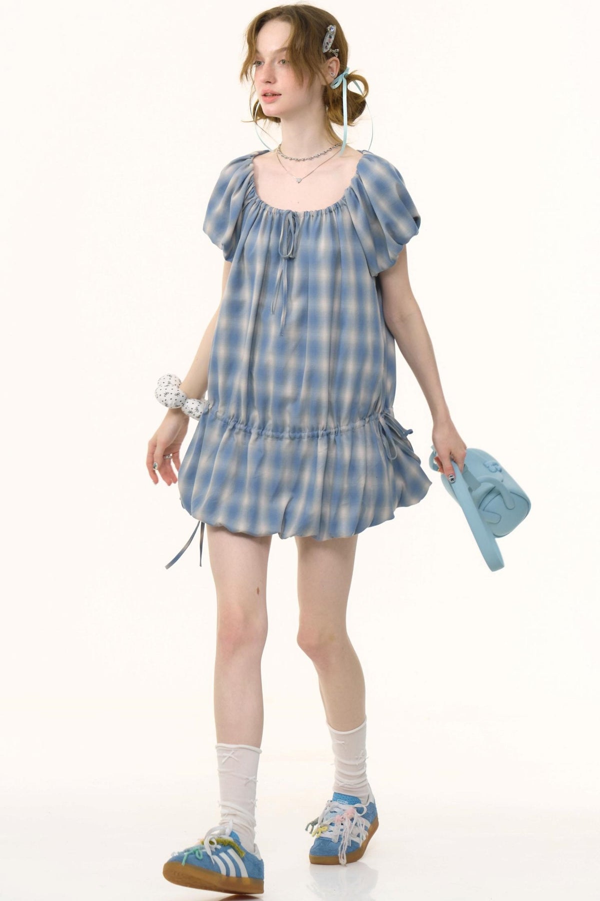 Blue Check Puff Sleeve Dress