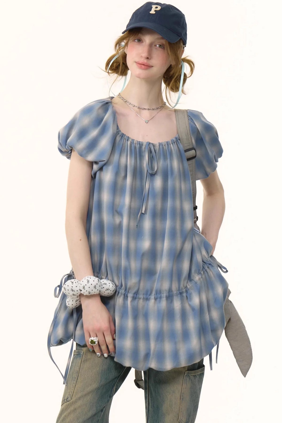 Blue Check Puff Sleeve Dress