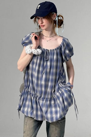 Blue Check Puff Sleeve Dress