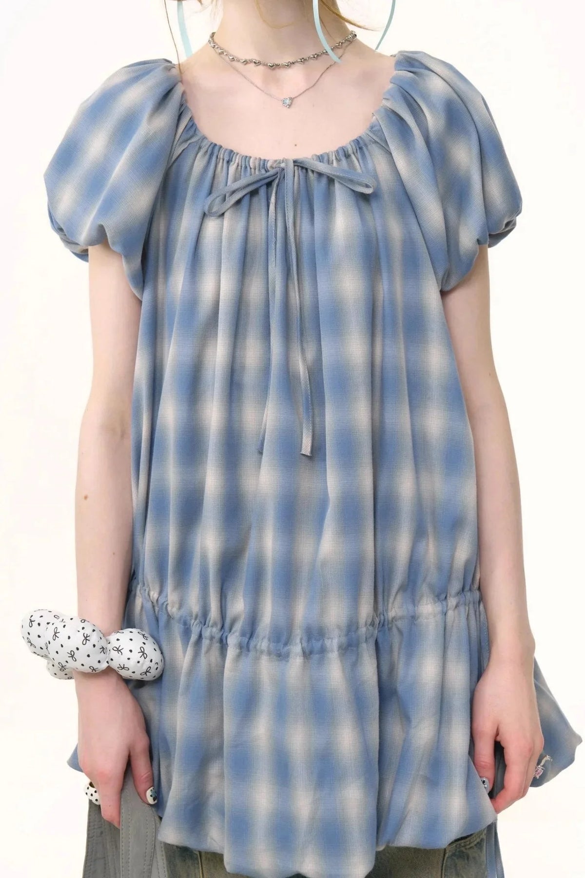 Blue Check Puff Sleeve Dress