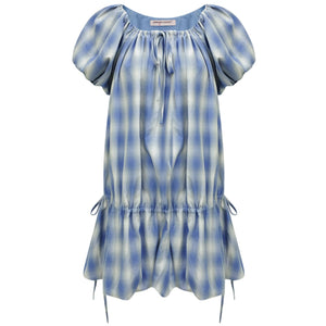 Blue Check Puff Sleeve Dress
