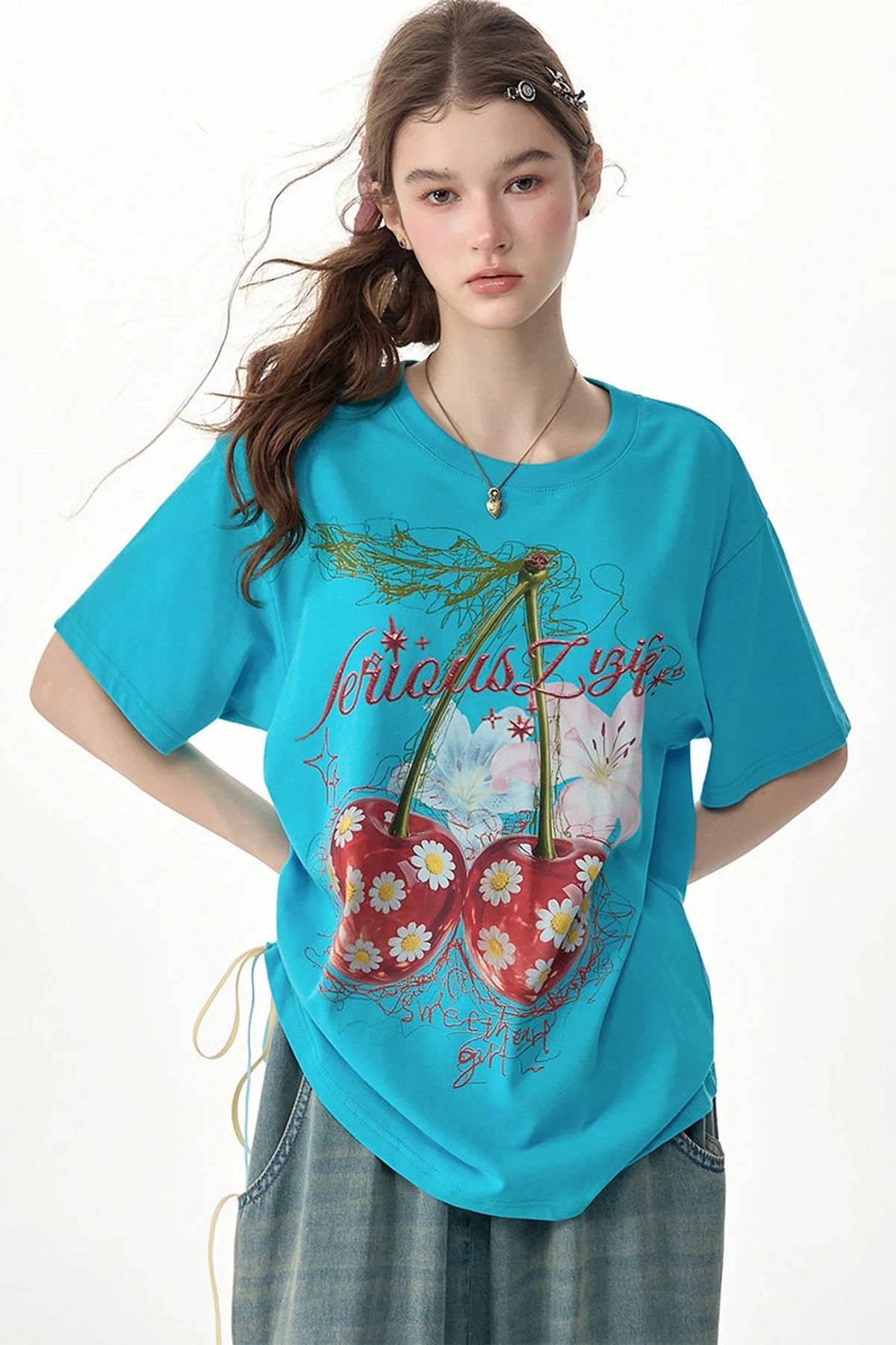 Blue Cherry And Daisy Print Cotton T-Shirt