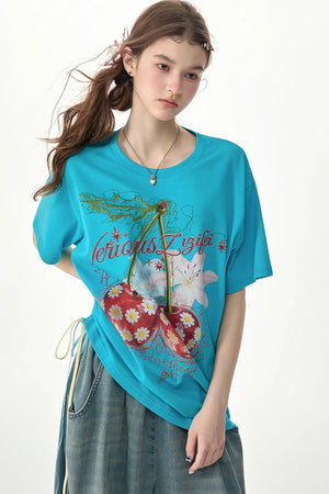 Blue Cherry And Daisy Print Cotton T-Shirt