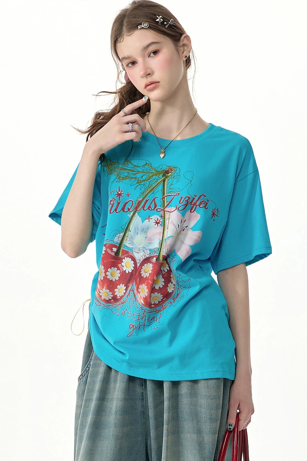 Blue Cherry And Daisy Print Cotton T-Shirt