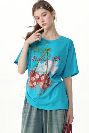 Blue Cherry And Daisy Print Cotton T-Shirt