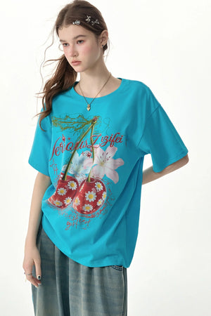 Blue Cherry And Daisy Print Cotton T-Shirt