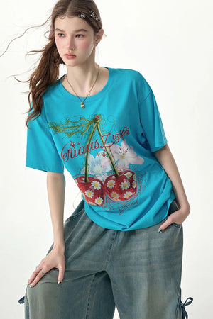 Blue Cherry And Daisy Print Cotton T-Shirt