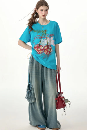 Blue Cherry And Daisy Print Cotton T-Shirt