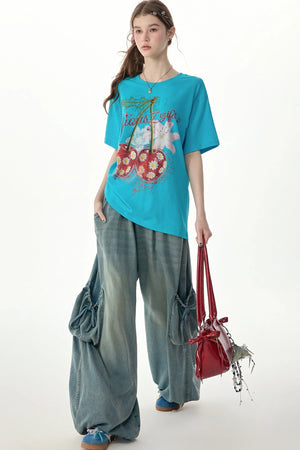 Blue Cherry And Daisy Print Cotton T-Shirt
