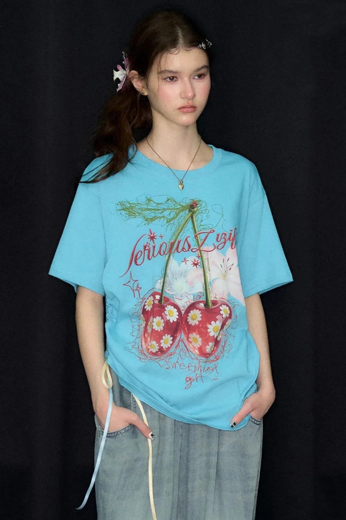 Blue Cherry And Daisy Print Cotton T-Shirt