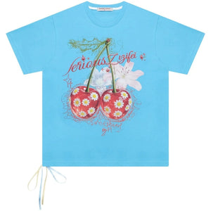 Blue Cherry And Daisy Print Cotton T-Shirt