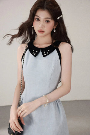 Blue Cinched Waist Halter Dress