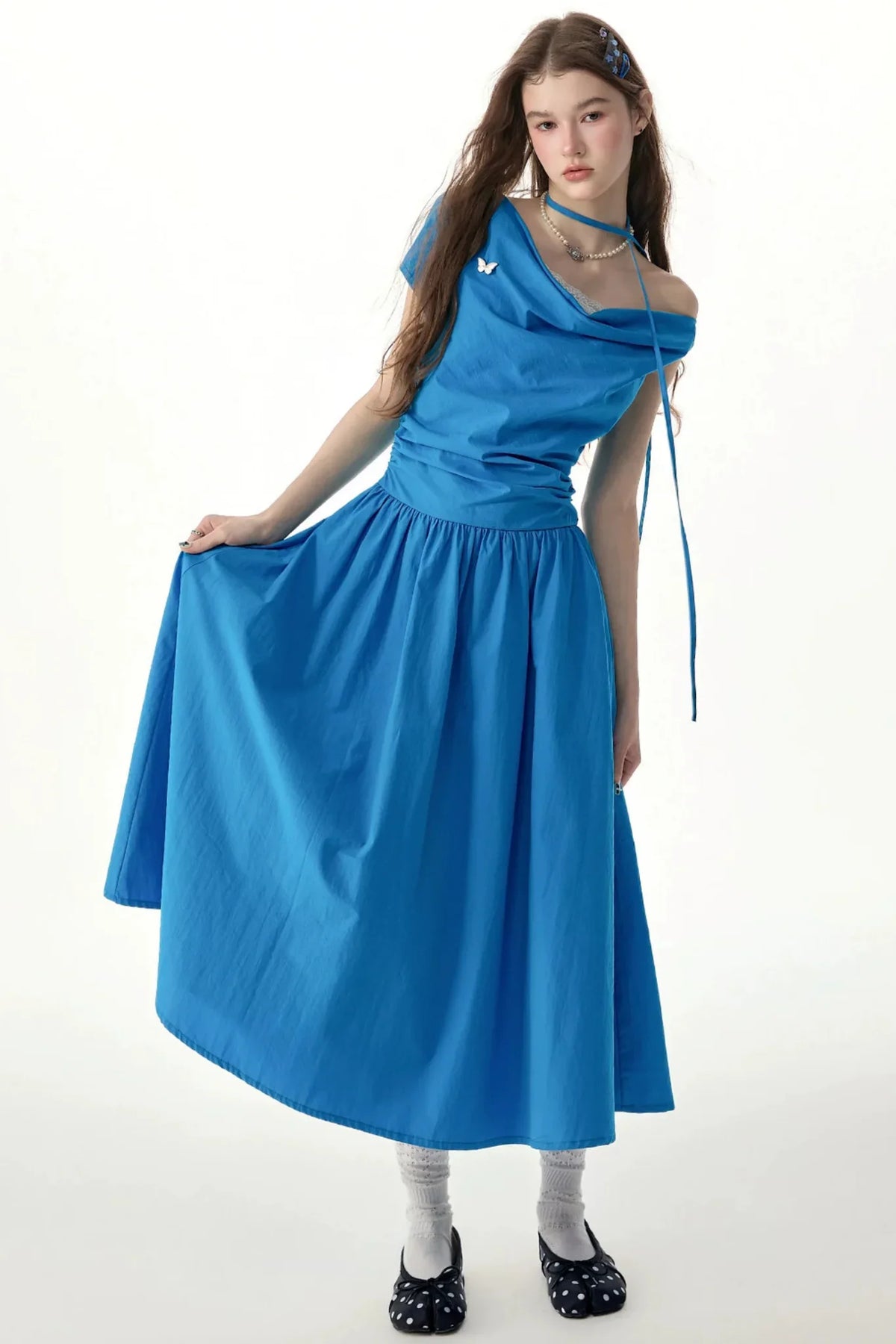 Blue Cowl Neck Long Dress