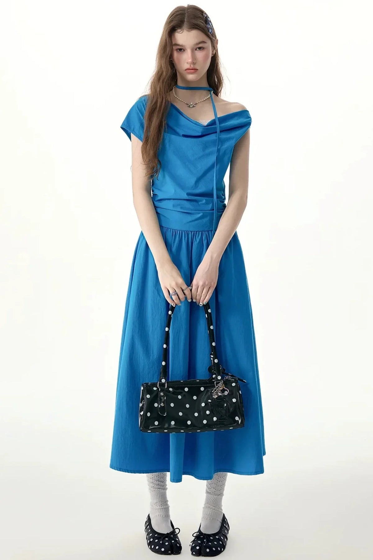 Blue Cowl Neck Long Dress