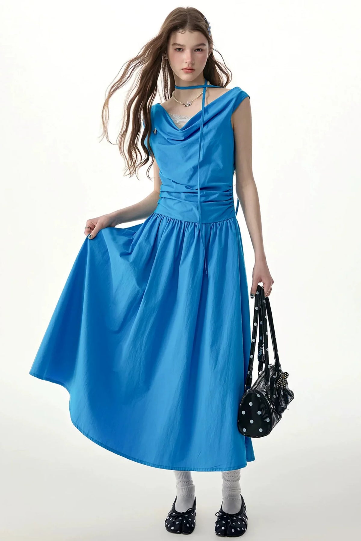 Blue Cowl Neck Long Dress