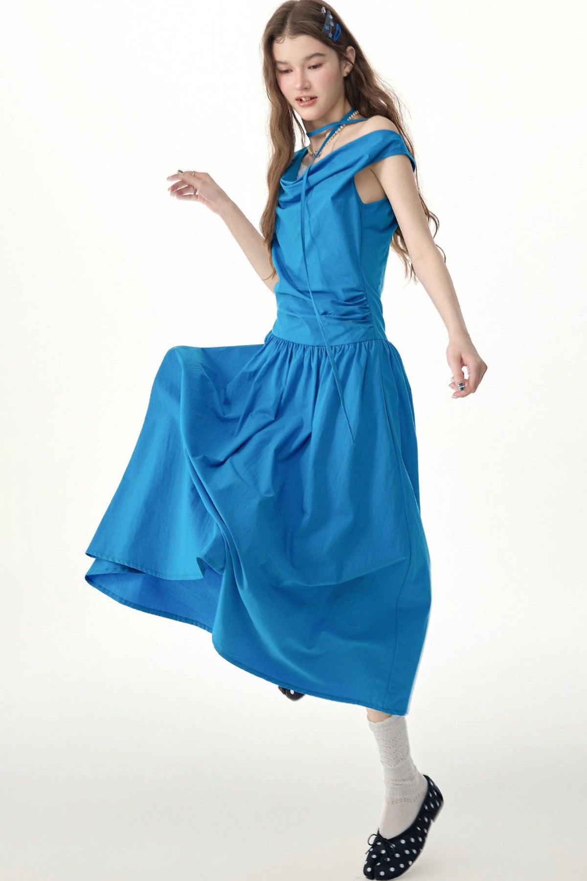Blue Cowl Neck Long Dress