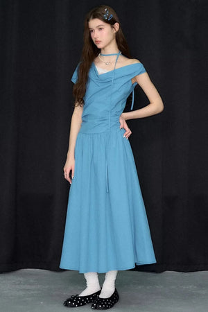 Blue Cowl Neck Long Dress