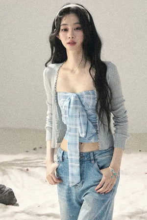 Blue Danube Plaid Bow Tube Top Set-Up