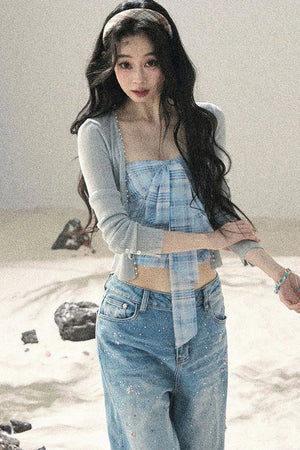 Blue Danube Plaid Bow Tube Top Set-Up